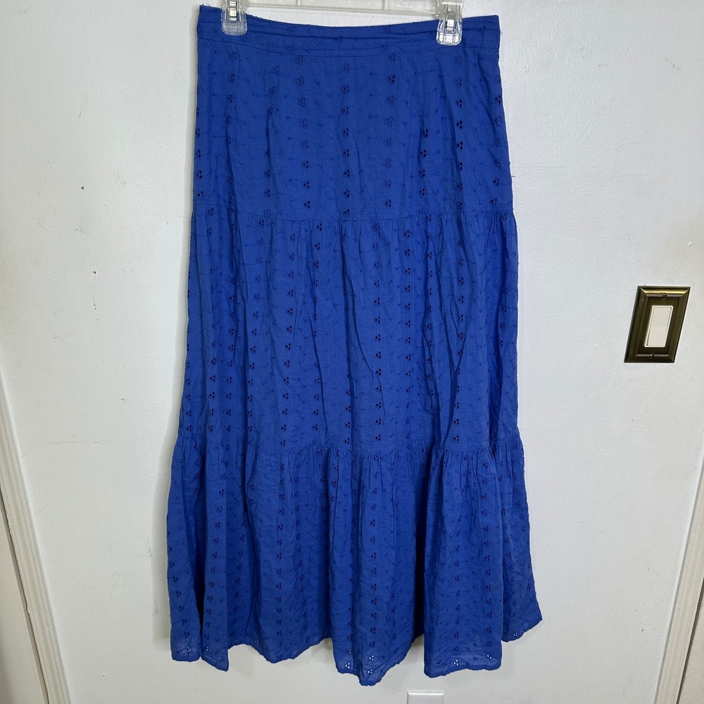 Japna Blue Eyelet Cotton Tiered Maxi Skirt Boho Elastic Waist Womens Medium